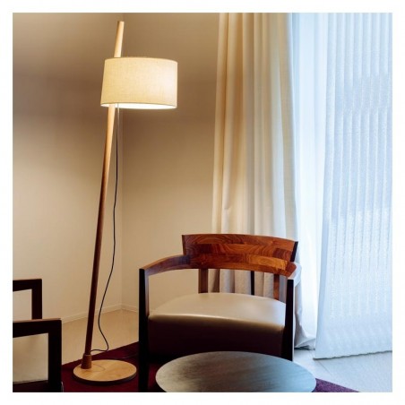 Design floor lamp standing at 167.2cm tall, with an inclined oak wood stem and an adjustable linen shade E27.