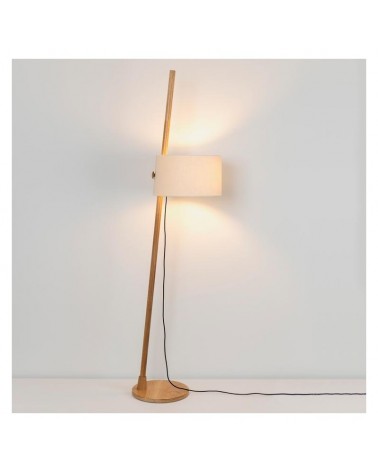 Design floor lamp standing at 167.2cm tall, with an inclined oak wood stem and an adjustable linen shade E27.