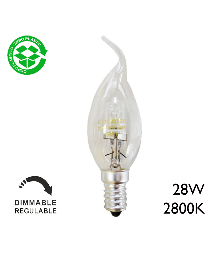 Bombilla halógena ECO vela punta torcida acabado clara E14 28W