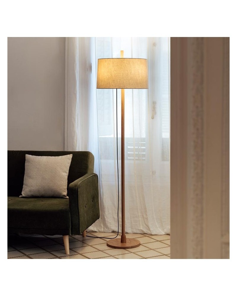 Design floor lamp 171.3cm tall featuring an adjustable oak wood stem and a linen shade that can be regulated  3xE27