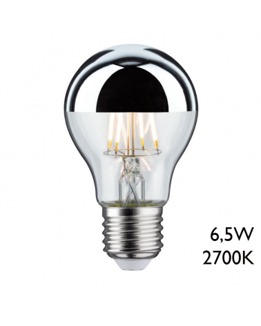 Crown mirror silver LED filaments standard Bulb 6,5W E27 60 mm. 2700K 600Lm.