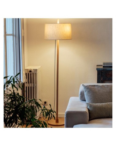 Lámpara de diseño de pie 171,3cm de diseño con fuste de madera roble y pantalla de lino regulable 3xE27