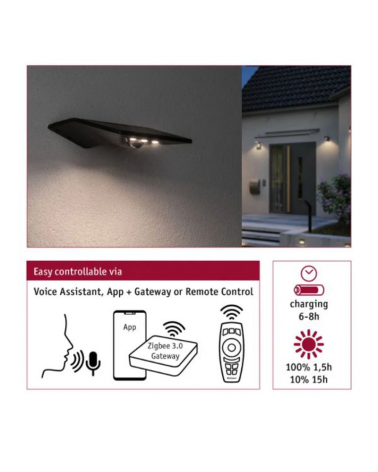 Aplique solar LED antracita 1W IP44 3000K con control remoto y control de voz