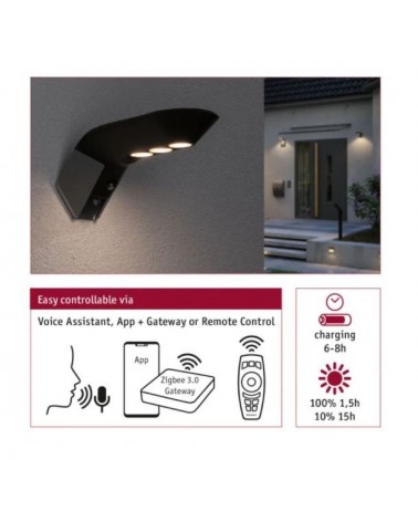 Aplique solar LED antracita 1W IP44 3000K con control remoto y control de voz