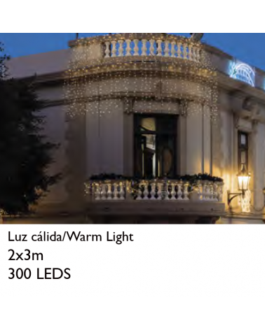 Cortina LED 2x3m Leds blanco cálido 300 les cable blanco empalmable y apta para exteriores IP65