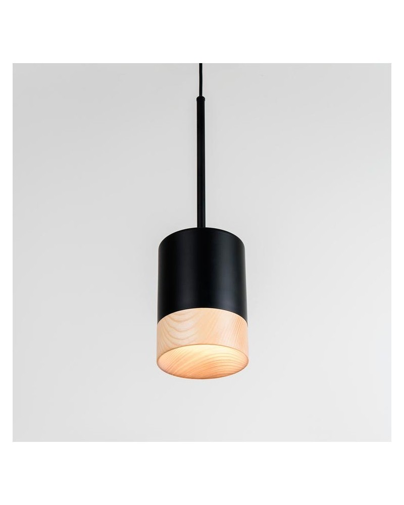 Design ceiling lamp 12cm steel cylinder black finish with GU10 ash wood edge