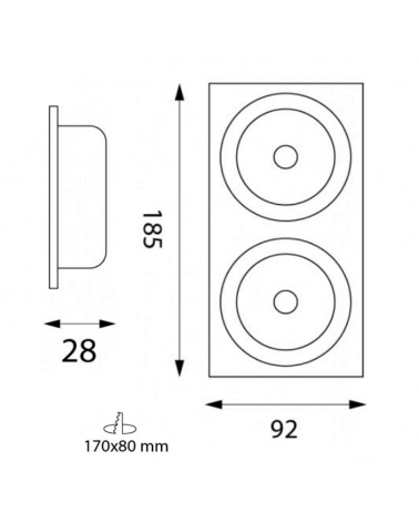 Double square tilting recessed downlight ring 185x92x28cm aluminum for GU10 dichroic, matt white and black