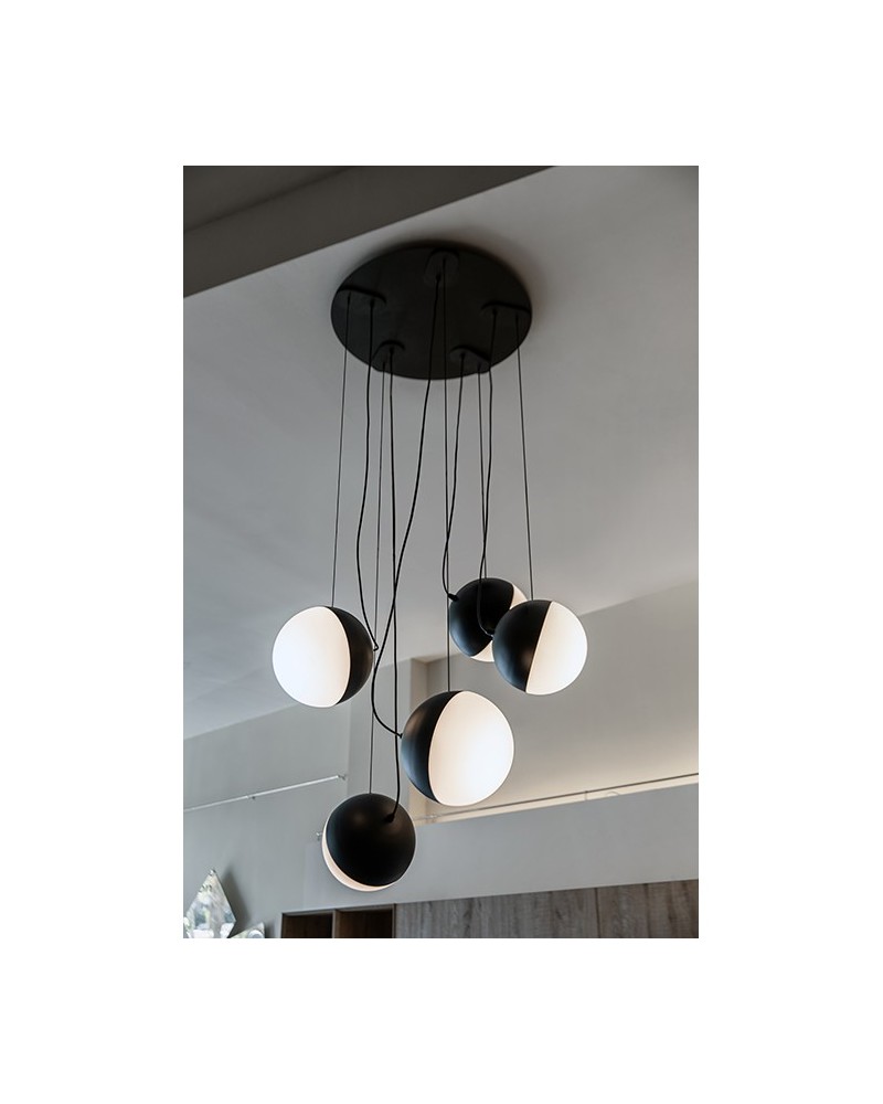 Design ceiling lamp 5 black and white spheres Steel cable + glass 16cm E27