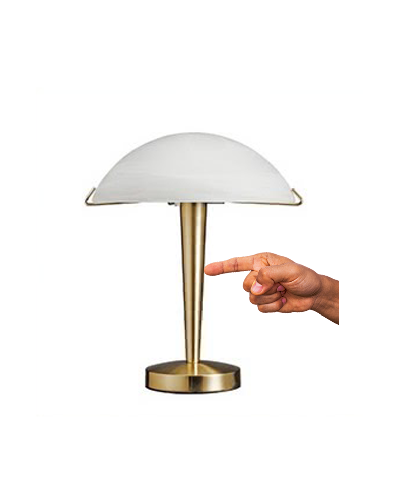 32cm touchdimmer table lamp with touch control white glass mast and golden brass base E14 40W