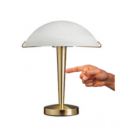 32cm touchdimmer table lamp with touch control white glass mast and golden brass base E14 40W