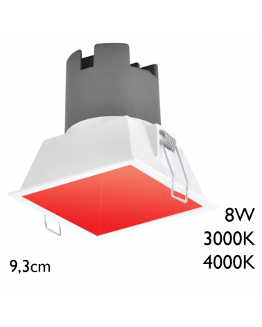 Spot LED downlight cuadrado 8W aluminio empotrable 9,3cm rojo