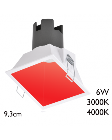 Spot LED downlight cuadrado 6W aluminio empotrable 9,3cm rojo