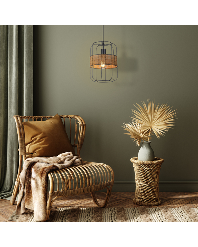 Cylindrical shape ceiling lamp 22cm of metal and rattan rods E27 60W
