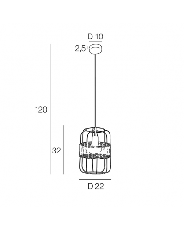 Cylindrical shape ceiling lamp 22cm of metal and rattan rods E27 60W