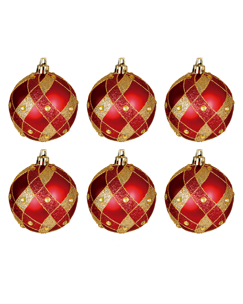 Blister 6 Bolas de Navidad decoradas color rojo y dorado ø6cm