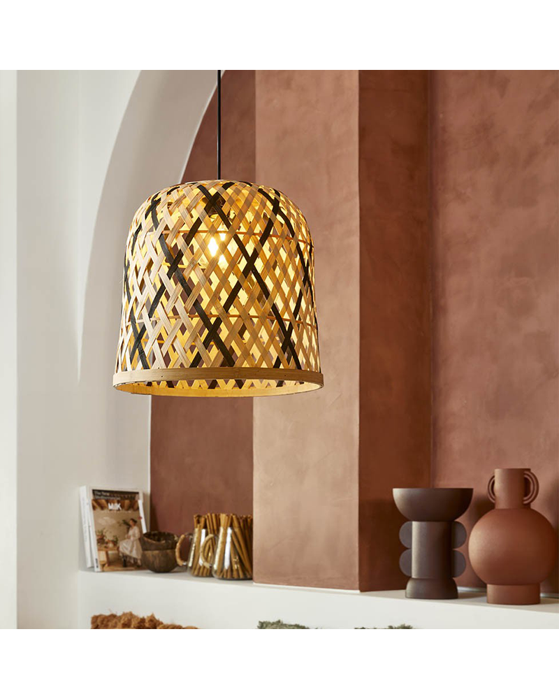 Lámpara de techo 35cm cónica pantalla de bambú trenzado natural y negro E27 60W