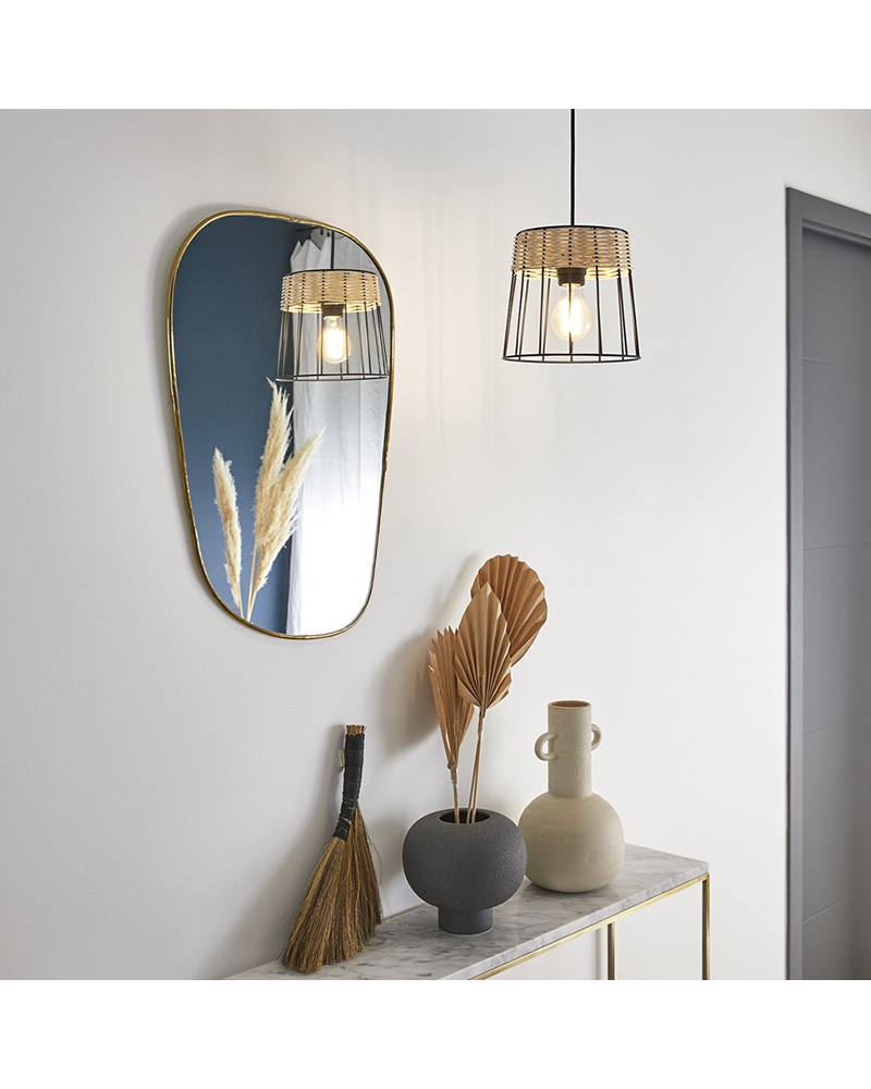 Lámpara de techo 20cm pantalla de varillas metal y ratán trenzado E27 60W