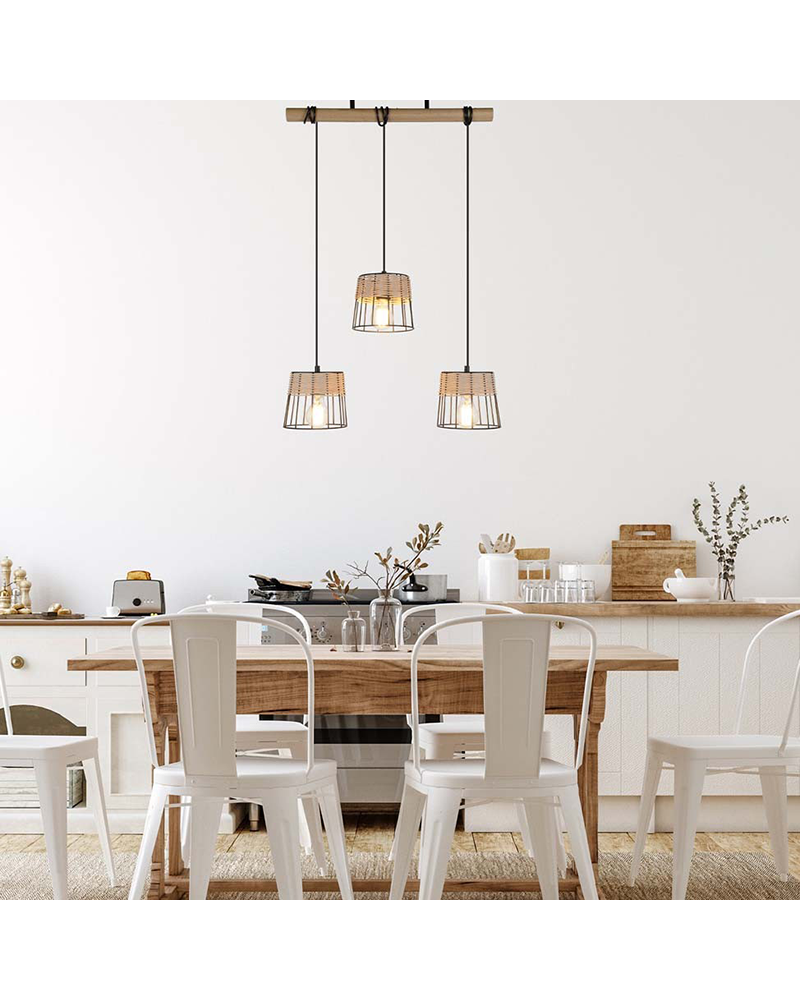 Ceiling lamp 55cm with 3 lampshades of metal rods and braided rattan E27 40W