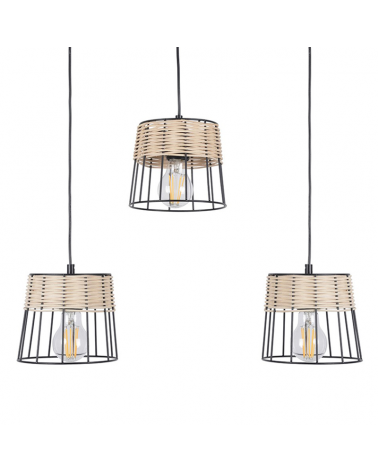Ceiling lamp 55cm with 3 lampshades of metal rods and braided rattan E27 40W