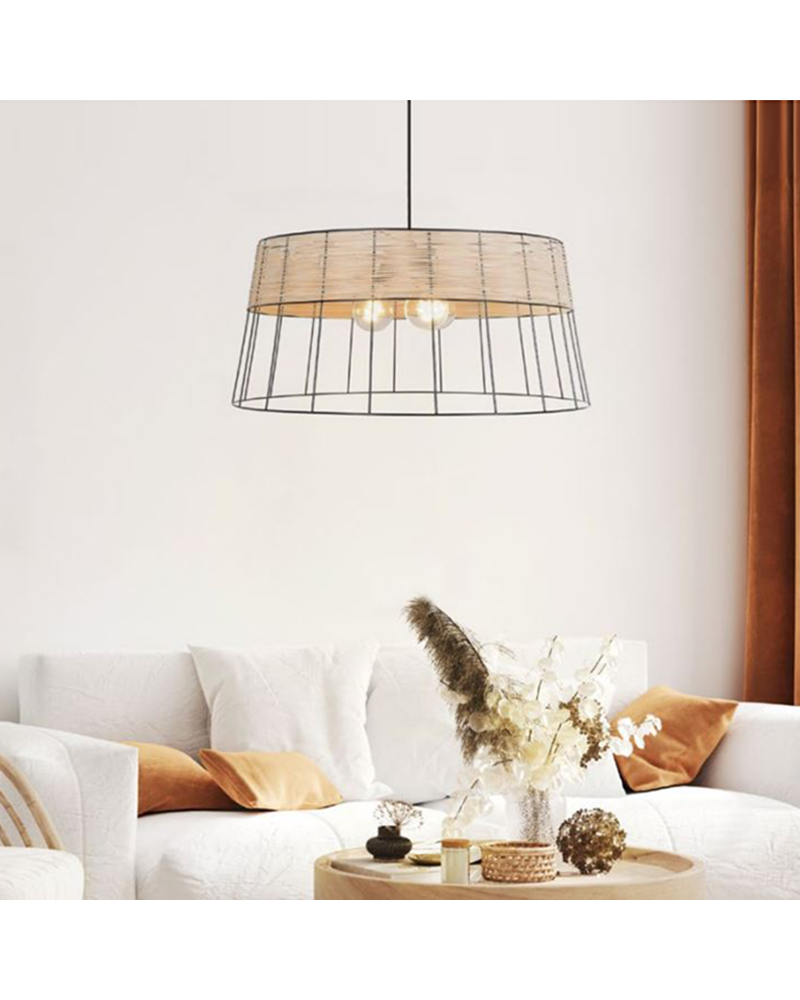 Lámpara de techo 78cm pantalla de varillas metal y ratán trenzado con 3 casquillos E27 15W