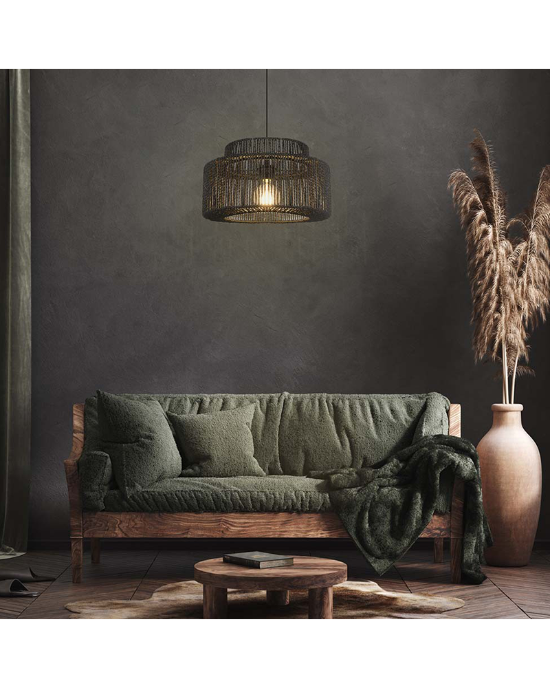 Lámpara de techo 38cm pantalla cordón papel trenzado acabado negro E27 60W