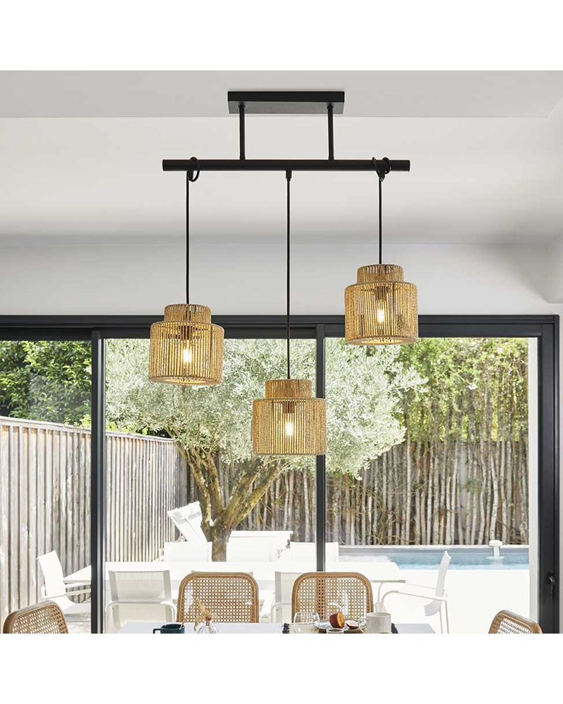 Lámpara de techo 60cm con 3 pantallas cordón papel trenzado natural E27 40W