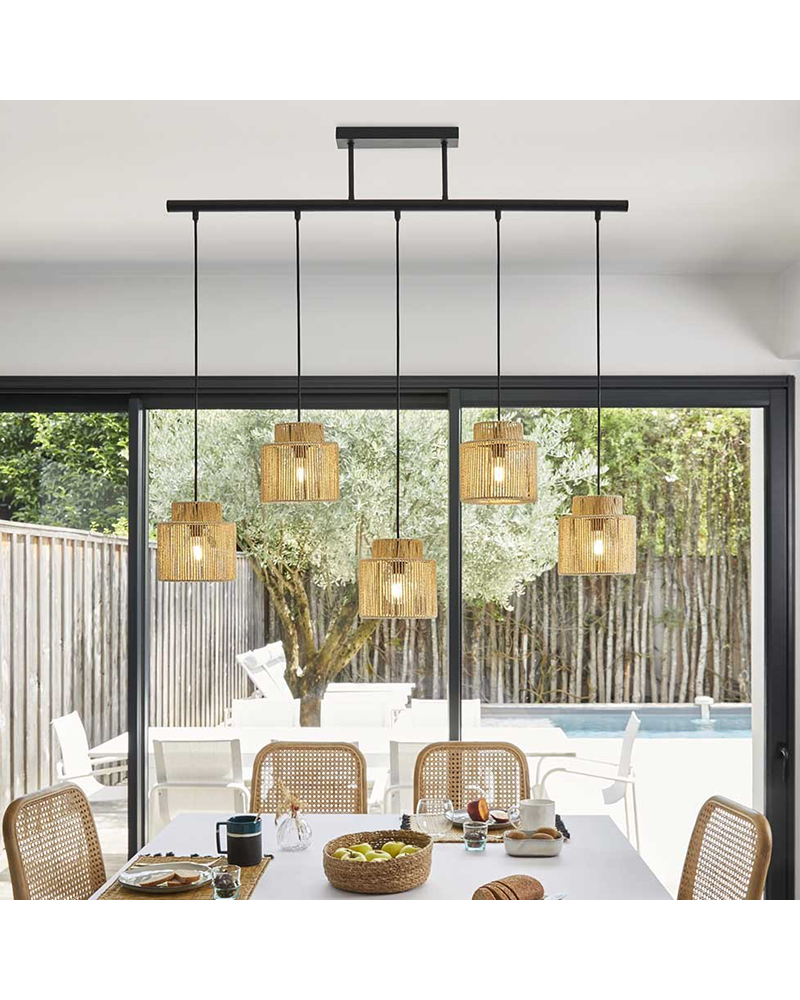 Ceiling lamp 98cm with 5 natural braided paper rope lampshades E27 40W