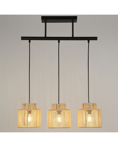 Lámpara de techo 60cm con 3 pantallas de cuerda papel trenzado natural E27 40W