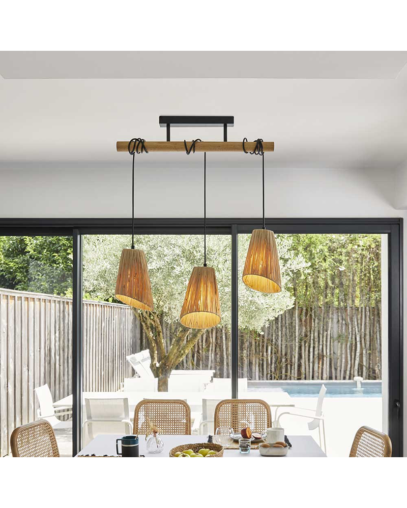 Lámpara de techo 55cm con 3 pantallas de rafia trenzada natural E27 40W