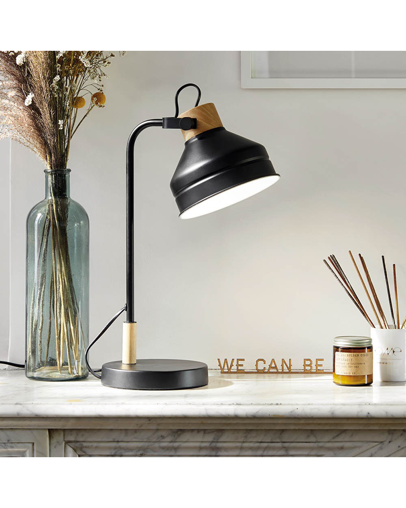 Lámpara de mesa 51cm de metal negro y madera estilo nórdico E14 15W Pantalla orientable