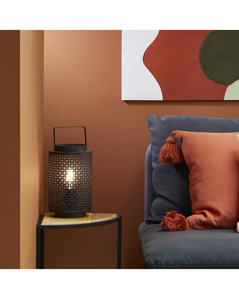 Lámpara de mesa 31,5cm de metal negra troquelado con asa E27 60W