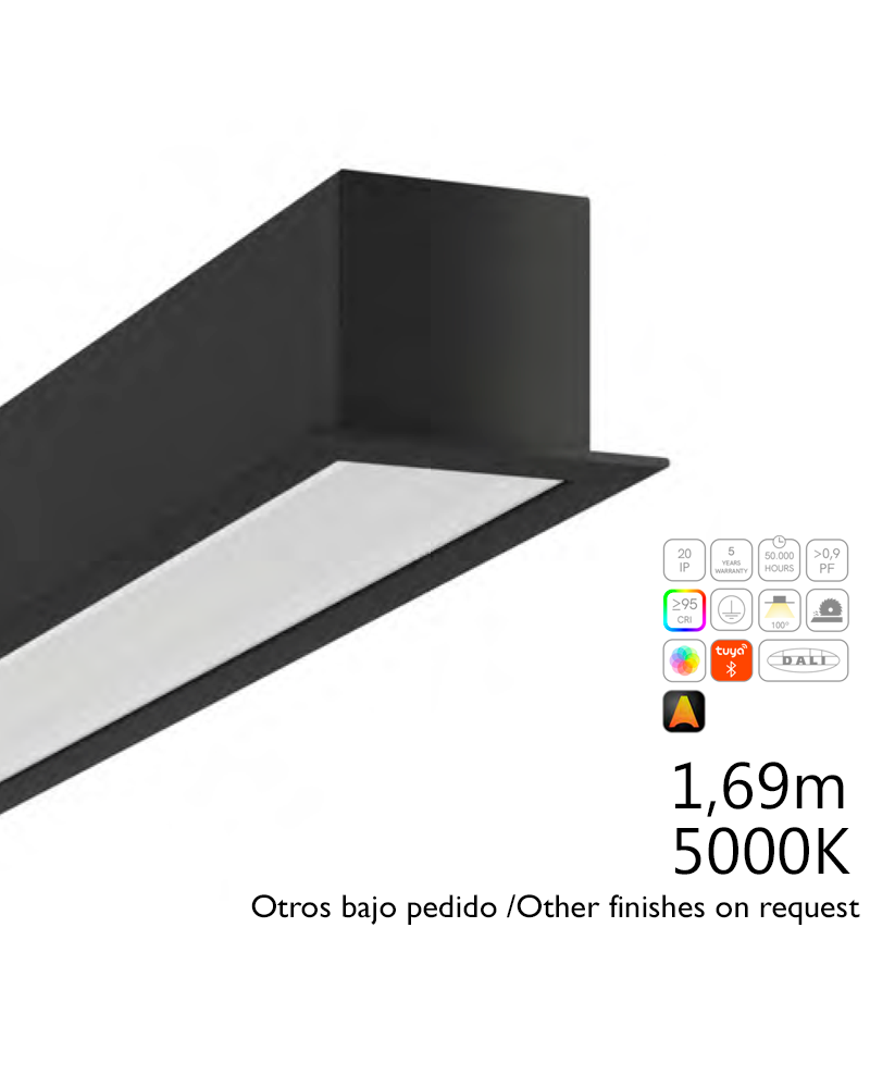 LED recessed aluminum profile 54W 5000K 169cms 3,5x5cm opal diffuser customizable black on/off