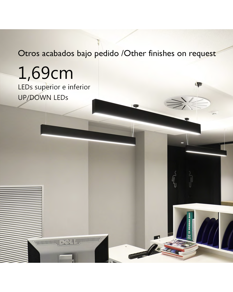 Lámpara de techo acabado negro aluminio luz arriba y abajo 36W/42W LED 169cms 12,5x3,9cm difusor opal/UGR personalizable on/off