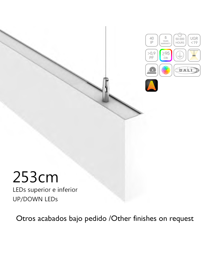 Lámpara de techo acabado blanco aluminio luz arriba y abajo 24W/28W LED 113cms 12,5x3,9cm difusor opal/UGR personalizable on/off