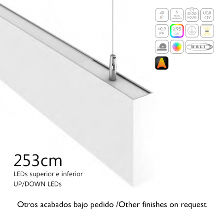 Lámpara de techo acabado blanco aluminio luz arriba y abajo 24W/28W LED 113cms 12,5x3,9cm difusor opal/UGR personalizable on/off
