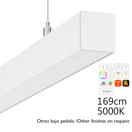 Lámpara de techo acabado blanco aluminio 54W LED 169cms 3,5x3,55cm difusor opal personalizable on/off