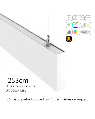 Lámpara de techo acabado blanco aluminio luz arriba y abajo 48W/56W LED 253cms 12,5x3,9cm difusor opal/UGR personalizable on/off