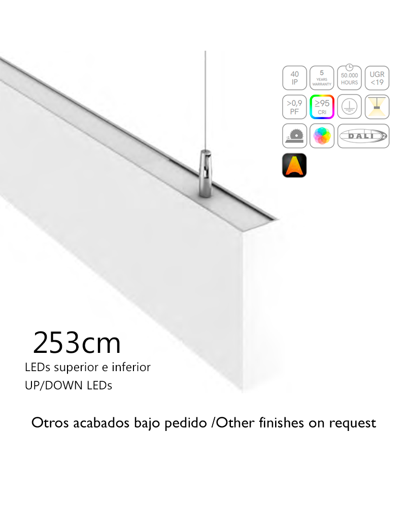 Ceiling lamp white aluminum finish light up and down 48W/56W LED 253cms 12.5x3.9cm opal/UGR diffuser customizable on/off