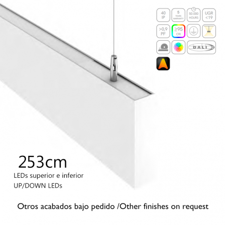 Ceiling lamp white aluminum finish light up and down 48W/56W LED 253cms 12.5x3.9cm opal/UGR diffuser customizable on/off