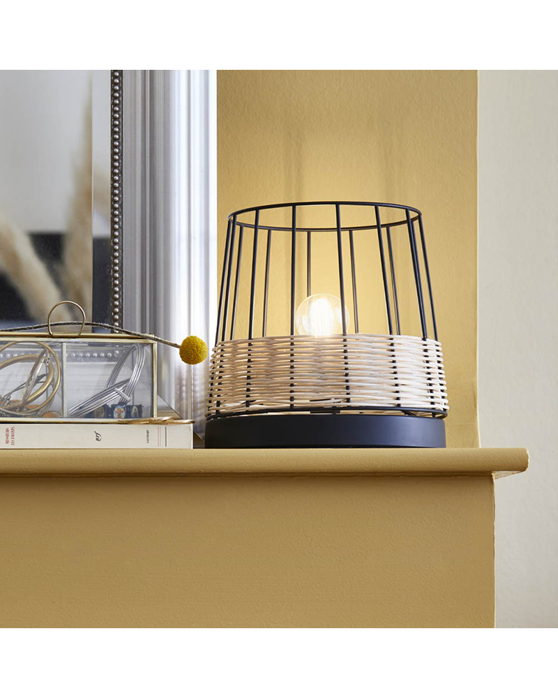Lámpara de mesa 20cm pantalla de varillas metal y ratán trenzado E14 40W