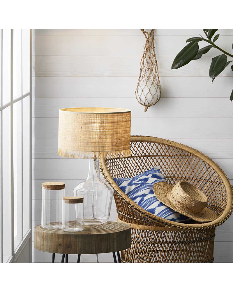Lámpara de mesa 48cm pantalla de rafia natural y vidrio E27 60W