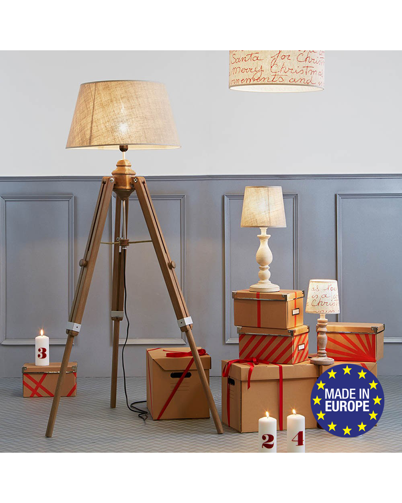 Lámpara de pie 160cm trípode de madera regulable en altura pantalla de arpillera 100W E27