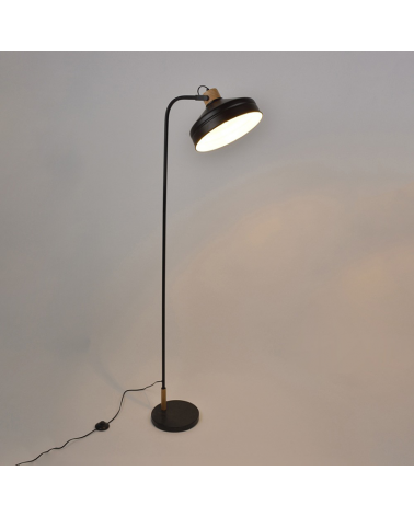 Floor lamp 165cm in black finish metal and wood adjustable shade 15W E27