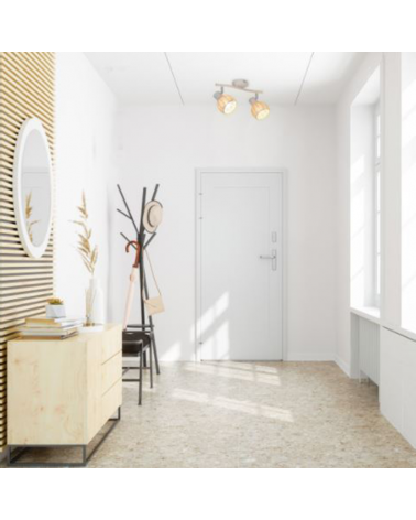 Regleta 2 focos 33cm en metal blanco y pantalla forma de bola de ratán 40W E14