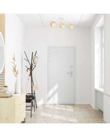 3 spotlight strip 50cm in white metal and rattan ball lampshade 40W E14