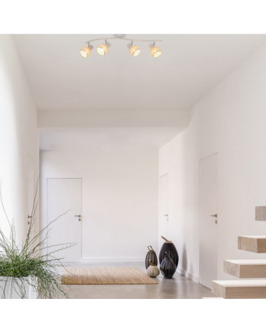 Regleta 4 focos 80cm en metal blanco y pantalla forma de bola de ratán 40W E14