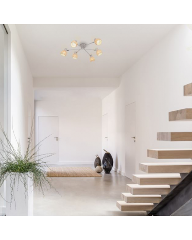 Plafón 6 focos 63cm en metal blanco y pantalla forma de bola de ratán 40W E14