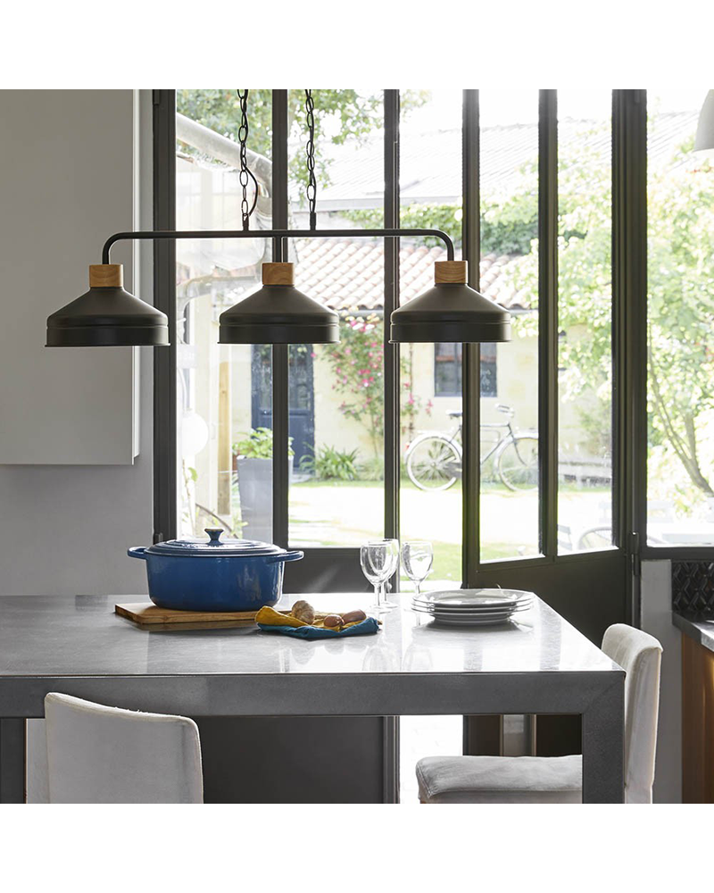 Lámpara de techo 98cm con 3 focos de metal negro decoración madera E27 60W