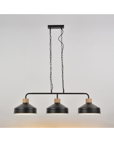 Lámpara de techo 98cm con 3 focos de metal negro decoración madera E27 60W
