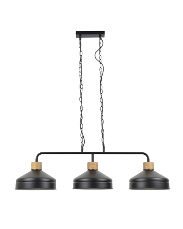 Lámpara de techo 98cm con 3 focos de metal negro decoración madera E27 60W